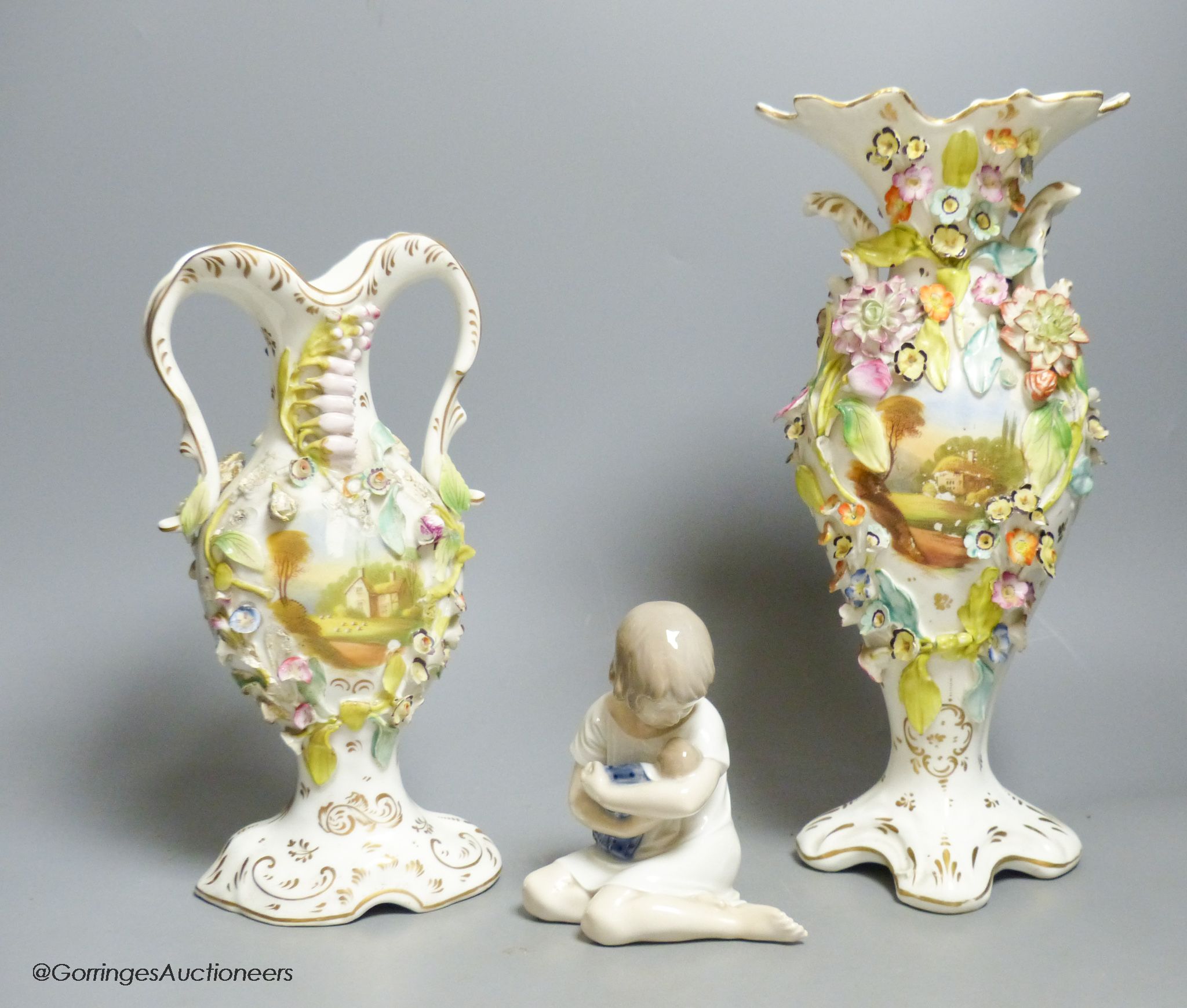 A Royal Copenhagen figure and a pair of Coalport style vases, tallest 31cm